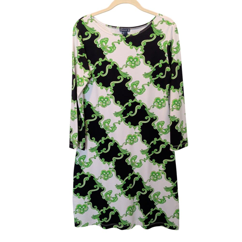Melly M Women Sz S Black Green Baroque Sheath Dress Long Sleeve Bright Boat Neck